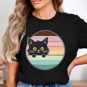 Cute Black Cat Retro Vintage T-Shirt, Funny Peeking Cat Graphic Tee, Rainbow Striped Cat Lover Shirt, Adorable Kitty Aesthetic Top