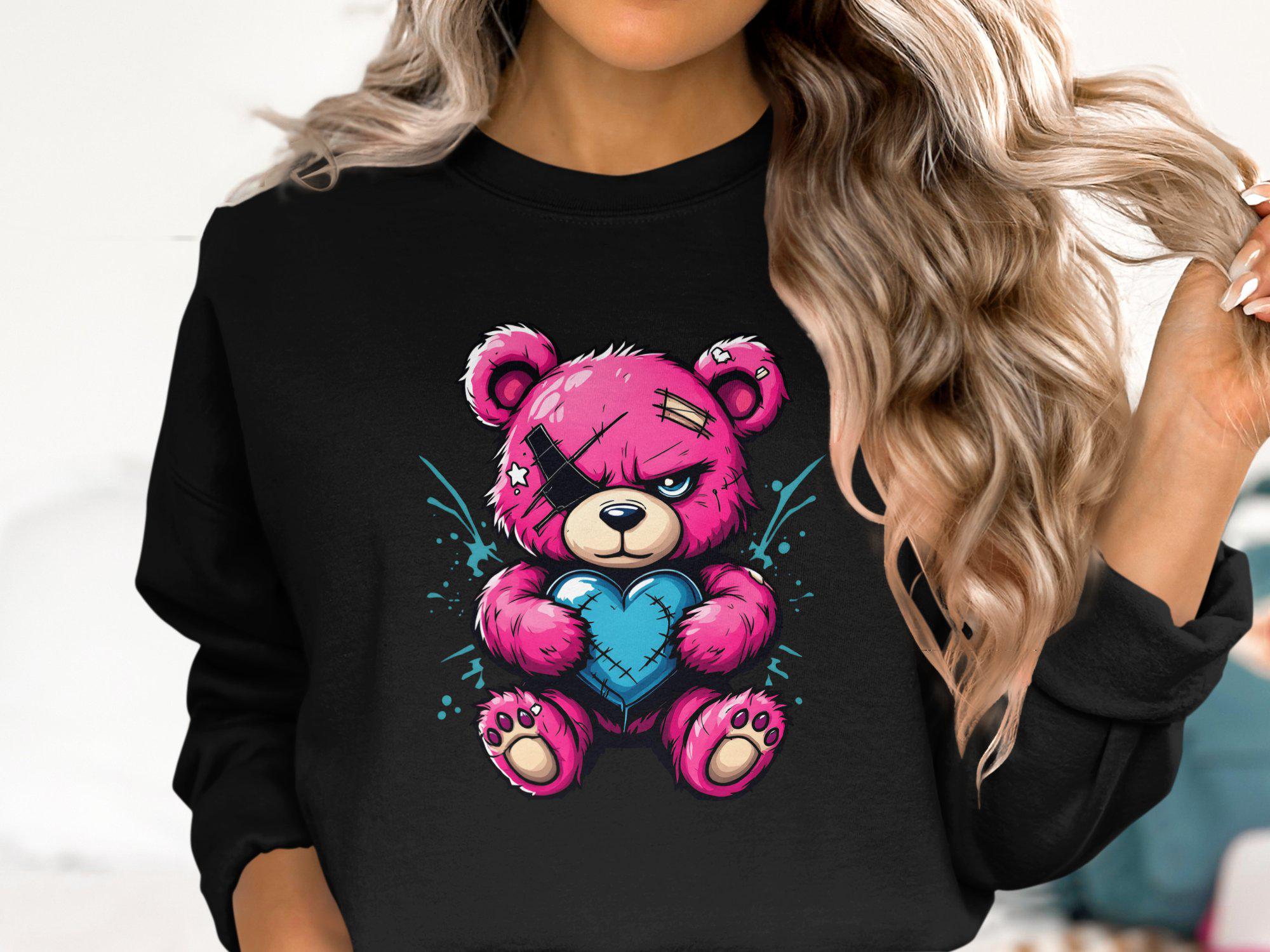 Punk Teddy Bear Shirt, Cute Angry Bear With Heart Tee, Edgy Pink