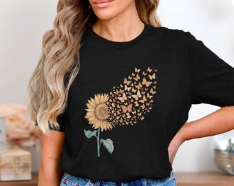 Sunflower And Butterflies Vintage Floral Aesthetic T-Shirt For Women Nature Inspired Boho Flower Graphic Tee Summer Garden Lover Shirt