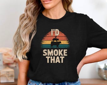 I'd Smoke That Funny BBQ T-Shirt, Retro Grilling Barbecue Shirt For Meat Smoker Lover, Cow Pig Chicken Smokehouse Summer Grill Tee