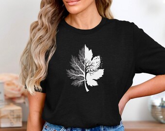 Half Leaf Half Tree Nature Shirt With Birds Flying Minimalist Aesthetic Tshirt, Botanical Forest Art Tee for Nature Lovers and Outdoors Fans