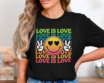 Love Is Love Shirt, Retro Pride T-Shirt, LGBTQ Peace Sign Graphic Tee, Cute Rainbow Heart Eyes Smile Shirt, Equality Love Wins Tee
