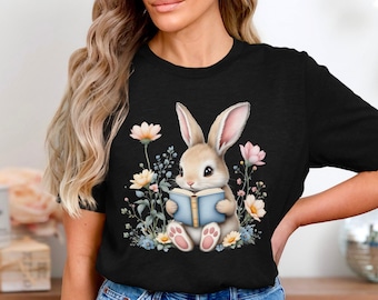 Cute Bunny Reading T-Shirt, Floral Rabbit Book Lover Tee, Adorable Bookish Animal Shirt, Pastel Aesthetic Literary Gift for Readers