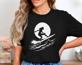 Surfer Girl T Shirt, Surf Moon Graphic Tee, Retro Surfing Ocean Shirt, Wave Rider Aesthetic Tee, Beach Lover Gift, Summer Surf Shirt