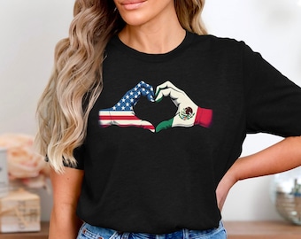 USA Mexico Heart Hands T-Shirt, Mexican American Unity Tee, Patriotic Friendship Shirt, Latino Heritage Pride Gift, Cultural Love Apparel