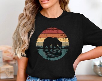 Vintage Bear Sunset T Shirt, Retro Grizzly Bear Shirt, Forest Wildlife Animal Nature Lover Tee, Rustic Outdoors Hiking Camping T Shirt