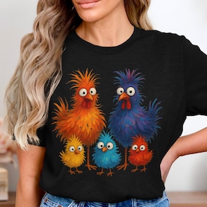Funny Chicken Family Shirt, Colorful Chicken T Shirt, Whimsical Bird Graphic Tee, Fluffy Cartoon Chicken Shirt, Funky Chicken Art Tee