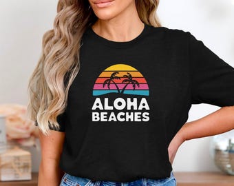 Funny Aloha Beaches Summer Vacation T-Shirt With Palm Trees And Sunset Retro Style Graphic For Beach Lovers And Tropical Travel Fans