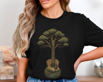 Guitar Tree Shirt, Nature Music Lover T Shirt, Acoustic Guitar Forest Tee, Camping Hiking Music Shirt, Outdoorsy Musician Gift Tee