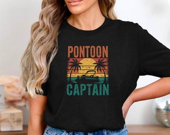 Pontoon Captain T-Shirt Retro Sunset Boat Lake Life Shirt, Funny Summer Boating Tee for Men Women, Pontoon Boat Lover Gift Shirt