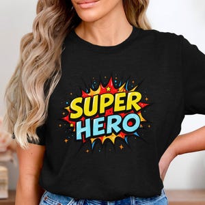 Superhero Comic Book T-Shirt, Pop Art Hero Tee, Cartoon Style Action Shirt, Kids Superpower Gift, Retro Comic Explosion Design