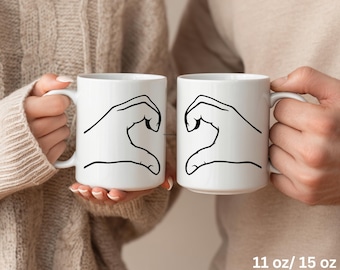 Heart Hands Coffee Mug Set: Ceramic Couple Mugs, I Love You