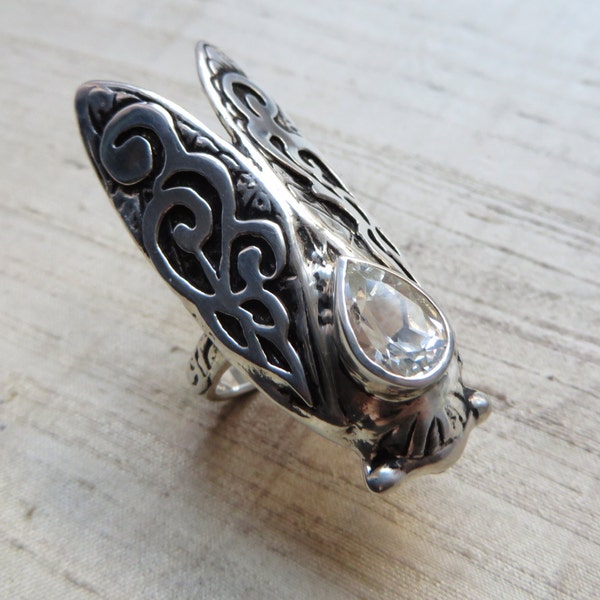 Smoke Wing Cicada Ring- White Topaz and Sterling Silver