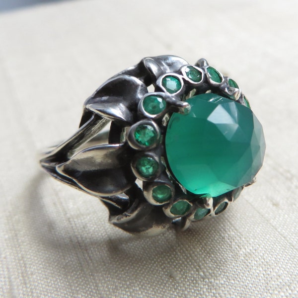 Vintage Sunflower Ring- Emeralds and Green Onyx in Sterling