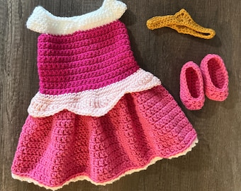 Handmade Crochet Princess Aurora Costume: Baby Dress, Shoes, Crown