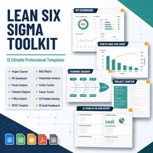 May include: A Lean Six Sigma toolkit featuring 12 editable professional templates. The display includes a list of documents like Project Charter, KPI Dashboard, Pareto Analysis, Fishbone Diagram, and A3 Problem Solving, with visual chart examples.