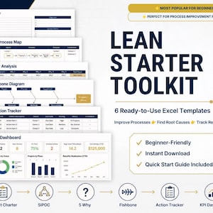 Può includere: Un Lean Starter Toolkit con sei modelli Excel tra cui Project Charter, mappa dei processi SIPOC, analisi dei 5 perché, diagramma a lisca di pesce, tracker delle azioni e dashboard KPI. Il testo recita Lean Starter Toolkit, 6 modelli Excel pronti all'uso, migliorare i processi, trovare le cause profonde, tracciare i risultati, adatto ai principianti, download immediato e guida rapida inclusa.