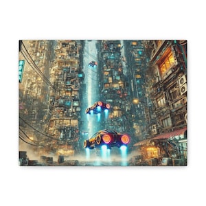 Cyberpunk City Canvas Wall Art, Sci-Fi Urban Print