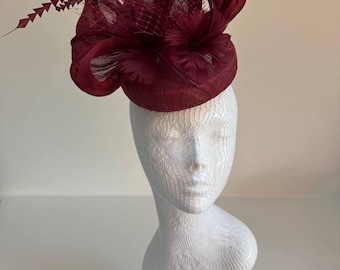 Burgundy Sinamay Fascinator: Feathered Race Day Millinery