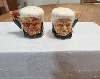 Vintage Toby Mug Face Salt Pepper Shakers, Mid Century Ceramic Character Kitsch Made Japan