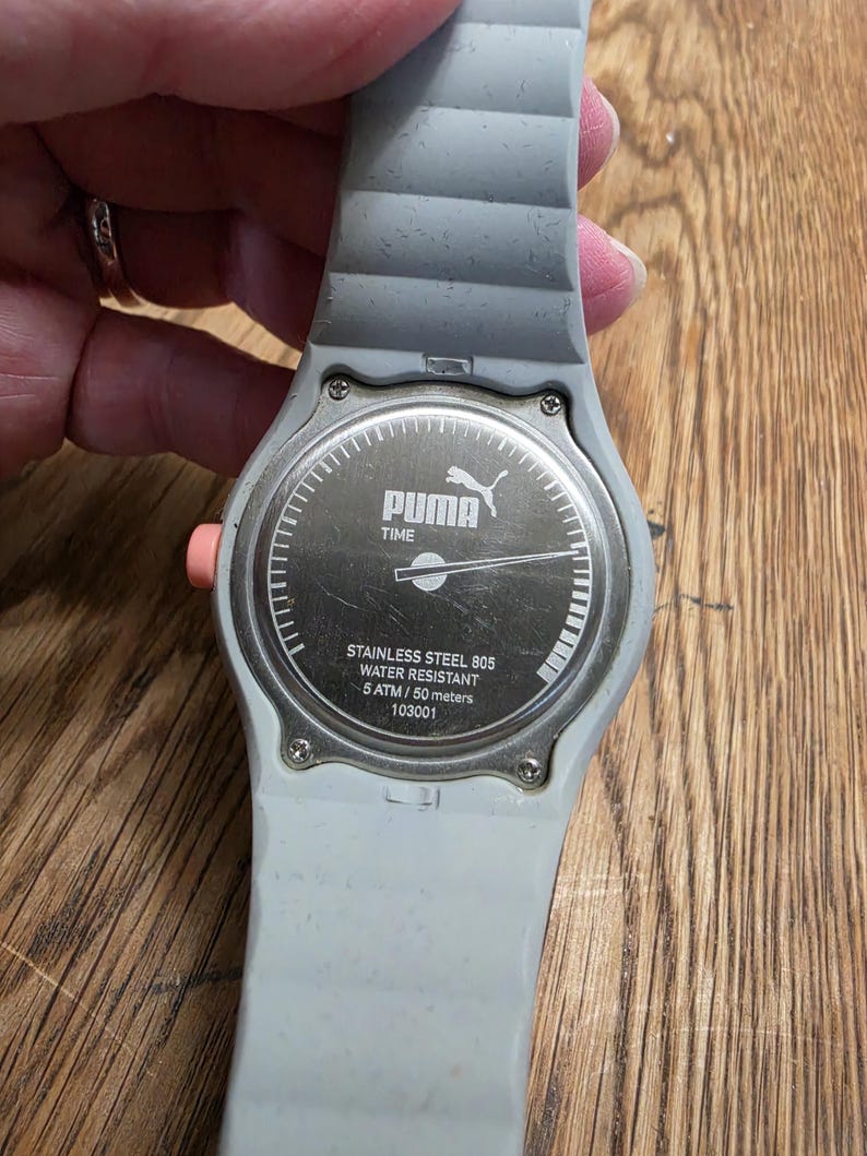 May include: A gray Puma watch with a light gray band. The watch face is silver with the Puma logo and the words "TIME". The back of the watch says "STAINLESS STEEL 805 WATER RESISTANT 5 ATM / 50 meters 103001".