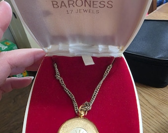 Vintage Baroness 17 Jewels Reversible Cameo Pendant Watch Necklace with Original Box
