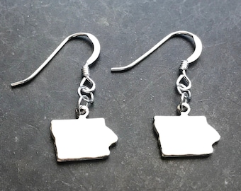 Pode incluir: Um par de brincos prateados com o formato do estado de Iowa. Cada brinco é pendurado por um gancho e uma corrente. O design é minimalista e elegante. Os brincos são exibidos em um fundo escuro, destacando a cor prateada.