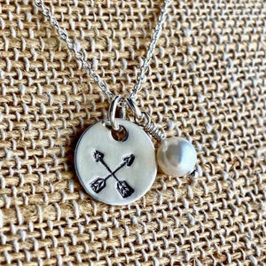 Hand Stamped Sterling Silver Arrows Necklace with optional pearl charm