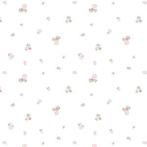 May include: A white background with a repeating pattern of small pink and blue flowers. The flowers are arranged in a random pattern and are surrounded by small green leaves.