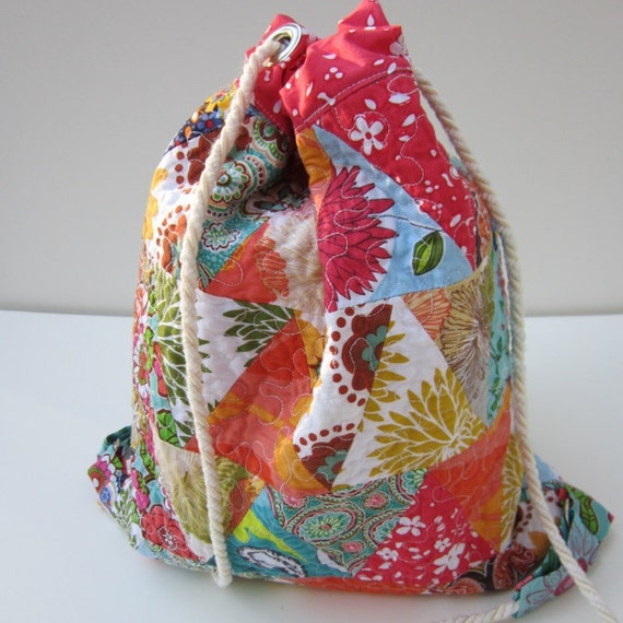 Items similar to Quilted Patchwork Backpack Style Bag - Bird and ...