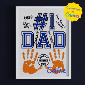 Plantilla imprimible de huella de mano para el Día del Padre, plantilla de Canva para papá número 1, regalo personalizado para papá de parte de un niño, manualidad de recuerdo para papá deportista.