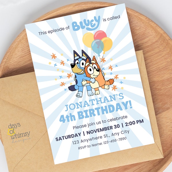 Bluey Stripes, Confetti and Balloon Kids Birthday Party Invitation | Editable and Printable Digital Canva Template