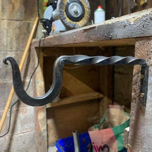 Hand-Forged Steel Hanging Basket Hook – Rustic Blacksmith Wall Bracket Plant Hanger