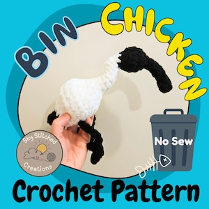Peut inclure: Patron de crochet pour un poubelle à poulet sans couture, un oiseau crocheté blanc et noir avec le texte "Bin Chicken" et "No Sew Crochet Pattern" sur un fond bleu.