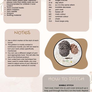 May include: A close-up of a crochet pattern for a brown and beige amigurumi doll. The pattern includes instructions for making the doll, as well as a list of supplies and abbreviations. The image also shows a bobble stitch tutorial.