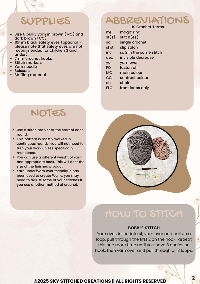 May include: A close-up of a crochet pattern for a brown and beige amigurumi doll. The pattern includes instructions for making the doll, as well as a list of supplies and abbreviations. The image also shows a bobble stitch tutorial.