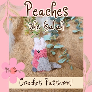 May include: A crochet bird toy in pink, white, and grey, labelled "Peaches the Galah." The image includes the text "No Sew" and "Crochet Pattern!" on a pink background with floral accents. The bird is sitting on a brown surface.