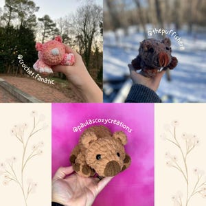 May include: Three crocheted stuffed animals: a pink bear, a brown bear, and a brown wombat. The animals are all holding in the hands of different people.