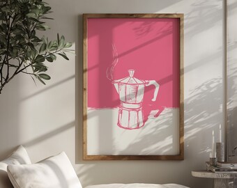 Timeless Pink Moka Pot Poster - Stylish Coffee Art Print - Modern Black & White Coffee Decor - Kitchen Wall Art