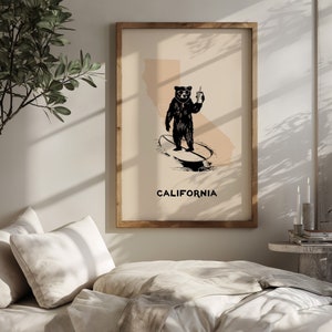 California Surfing Bear Digital Art Print, California Art, California Bear, Printable Art, California wall art, Surf Art Poster