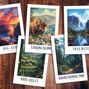 Paquete de carteles de viajes vintage de California: 5 destinos icónicos en arte de pared de estilo clásico