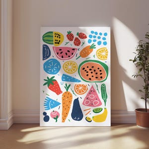 Poster Pop Art con frutta e verdura vibranti, poster su carta semi-lucida, arte mediterranea, arte stampabile, arte murale mediterranea,