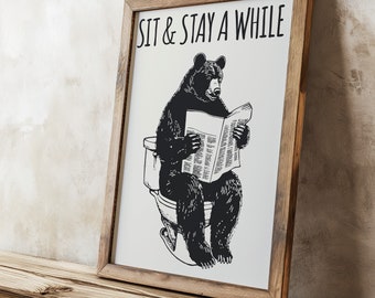 Bear Reading Newspaper Poster - Funny Bathroom Decor, Humorous Wall Art Print for Restroom, Whimsical Gift Idea