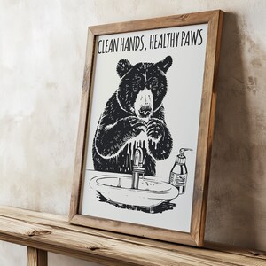 Clean Hands, Healthy Paws Poster - Bear Washing Hands Art Print for Kids&#39; Bathroom Decor