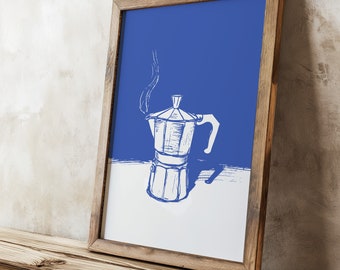 Timeless Blue Moka Pot Print - Modern Black & White Coffee Art, Stylish Wall Decor, Kitchen Poster, Coffee Shop Art