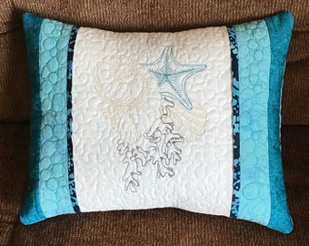 Beach themed 12”x16” quilted and embroidered w/teal accents pillow with INCLUDED pillow insert; gift; beach wedding gift; beach shower gift