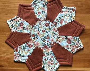 Modern flower themed Reversible quilted mat; Miniature Quilt; Small Quilt;Table mat, Free shipping!!