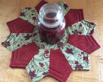 Fall themed candlemat with rust leaves and green colors; quilted mat, table mat, small quilt, table quilt candlemat, home decor, fall mat