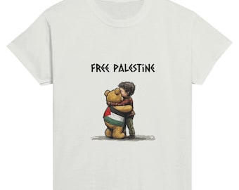 Palestine libre - Pièce représentant un enfant serrant un ours dans ses bras avec un drapeau (T-shirt enfant)
