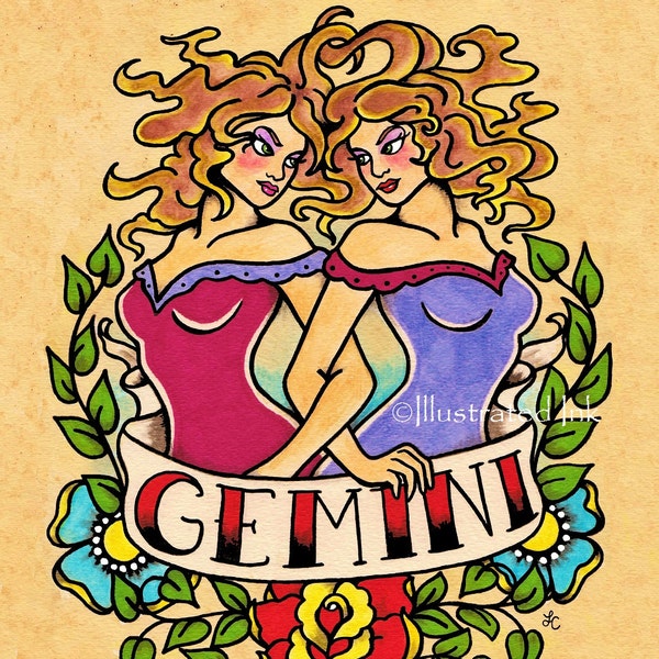 GEMINI Zodiac Print Tattoo Art Twins Astrology Sign 5 x 7, 8 x 10 or 11 x 14